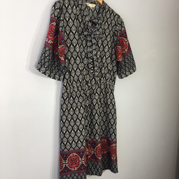 Yumi Black White Ikat Dress Border Print Tie Neck - Picture 5 of 16